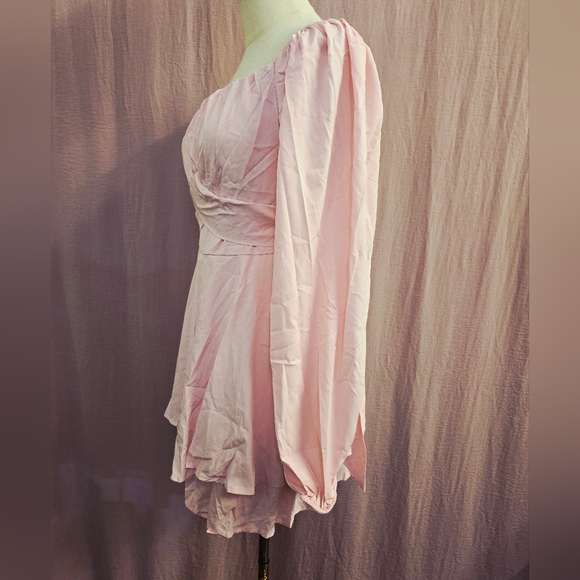 Off The Shoulder Lantern Long Sleeve Ruffle Tie Mini Romper, Light Pink - XL - Picture 6 of 10